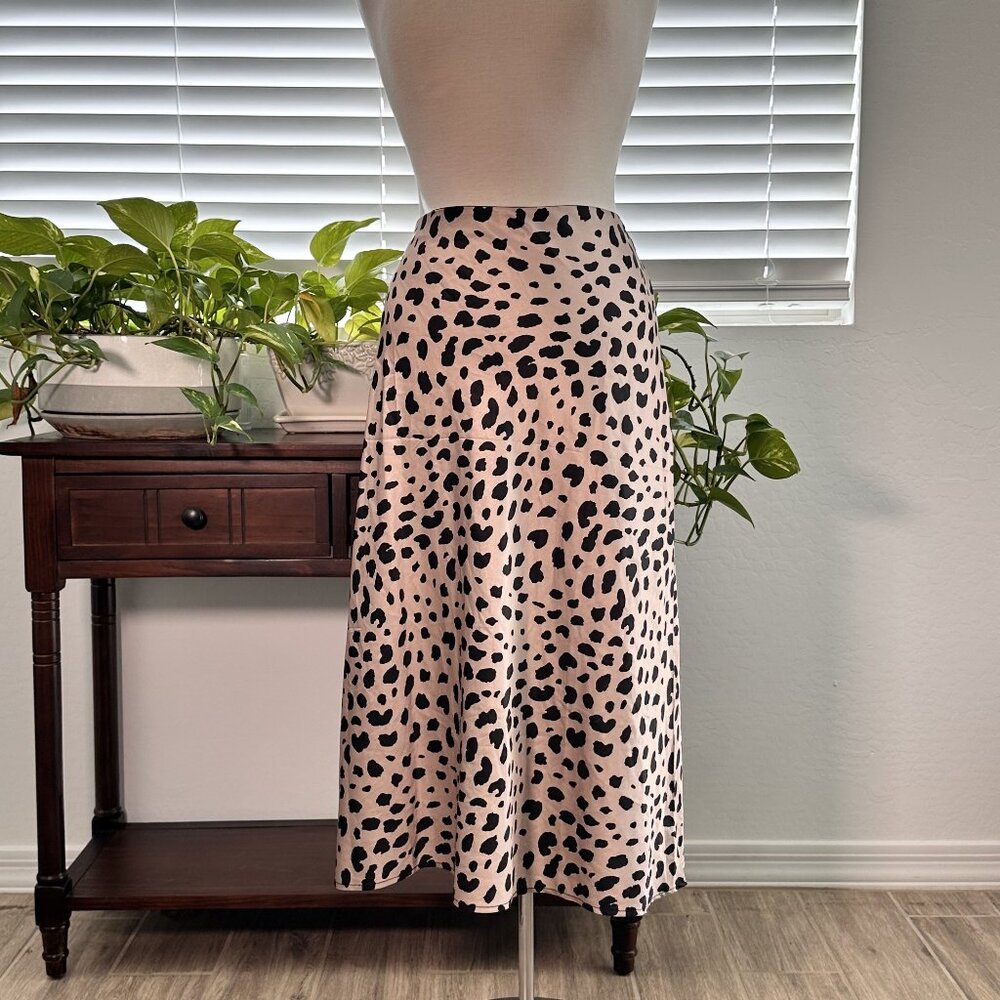 Black and Cream Animal Print Satin Midi Skirt